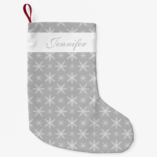 Grey And White Snowflakes With Custom Name Small Christmas Stocking (Front)