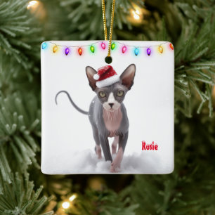 Grey and White Sphynx Cat Christmas Ceramic Ornament