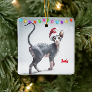Grey and White Sphynx Cat Christmas Ceramic Ornament