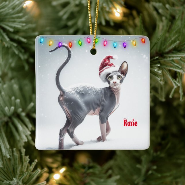 Grey and White Sphynx Cat Christmas Ceramic Ornament (Tree)