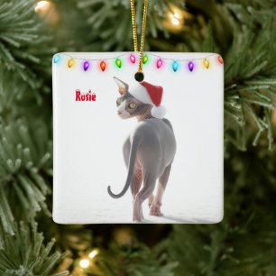 Grey and White Sphynx Cat Christmas Ceramic Ornament