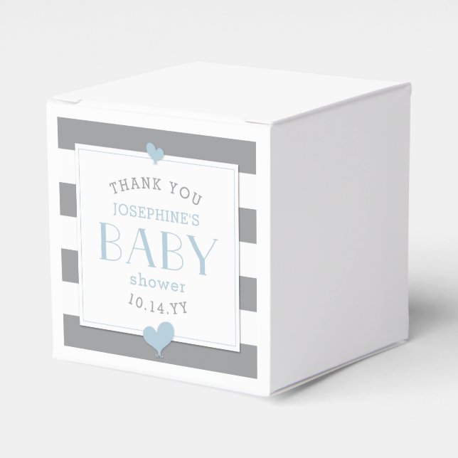 Grey and White Stripe Blue Heart Baby Shower Favor Box (Front Side)