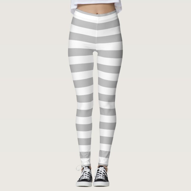 Grey and White Stripe Pattern Leggings (Front)
