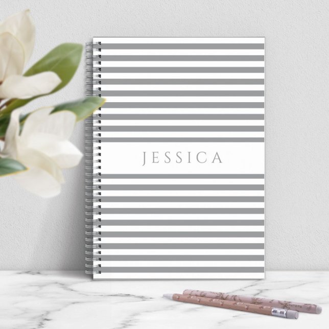 Grey And White Striped Pattern Name Notebook (Personalized Modern Gray Stripes Notebook)