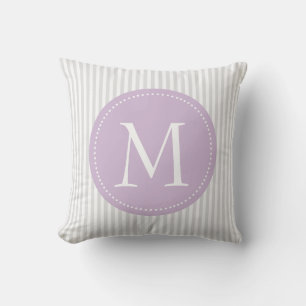 Grey And White Stripes Purple   Custom Monogram Throw Pillow