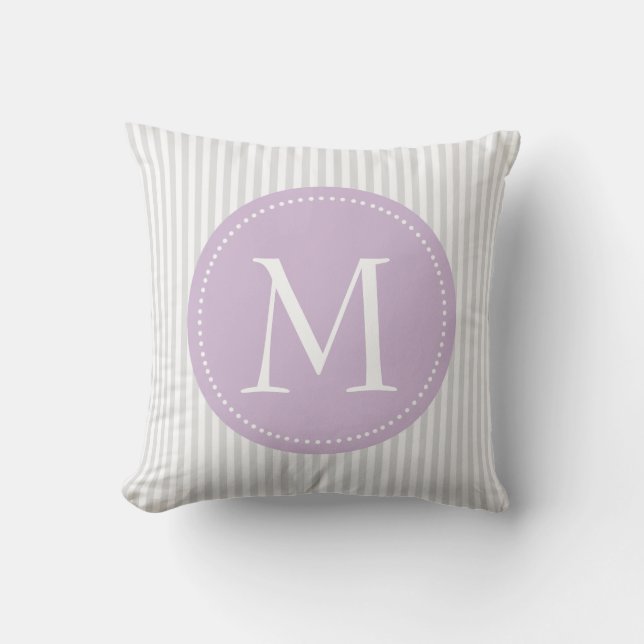 Grey And White Stripes Purple   Custom Monogram Throw Pillow (Front)