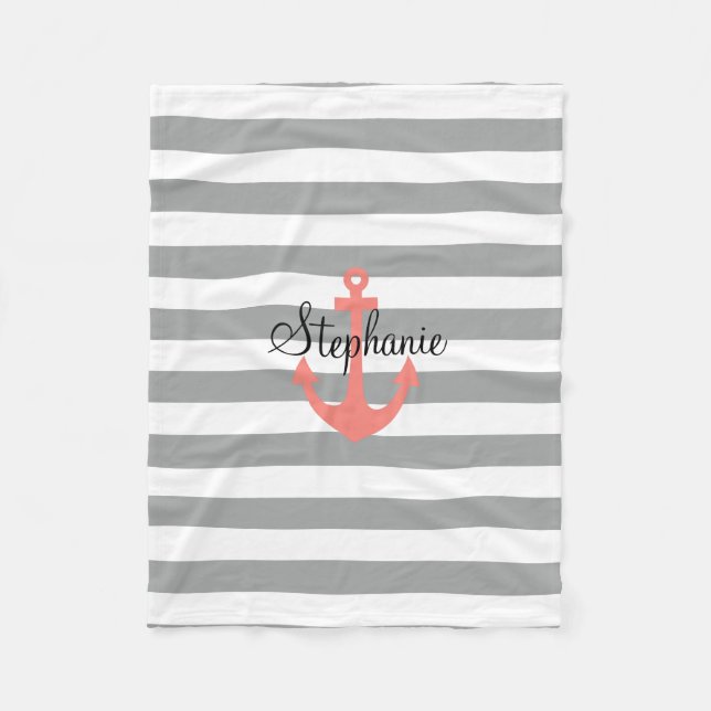 Grey and White Stripes with Coral  Nautical Anchor Fleece Blanket (Front)