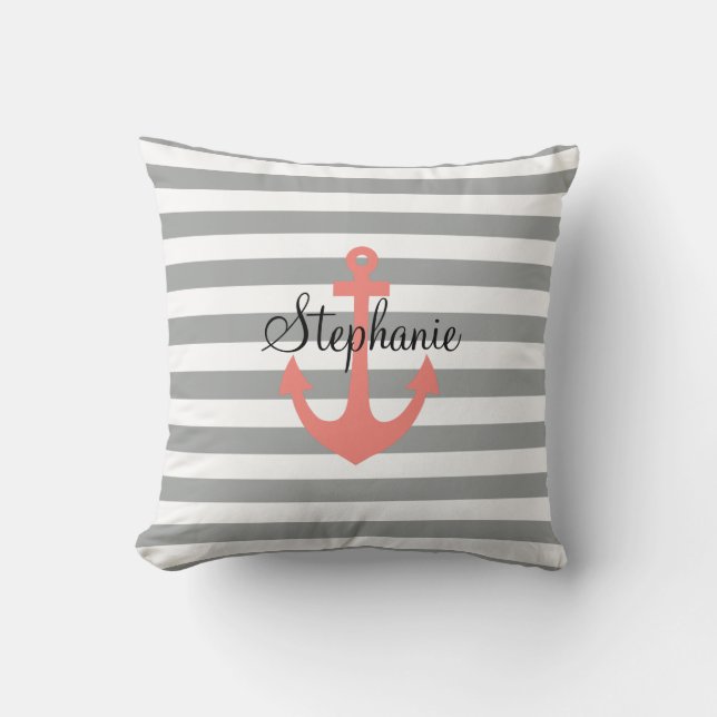 Grey and White Stripes with Coral  Nautical Anchor Throw Pillow (Front)