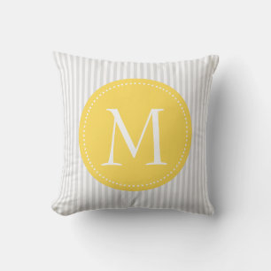 Grey And White Stripes Yellow  Custom Monogram Throw Pillow