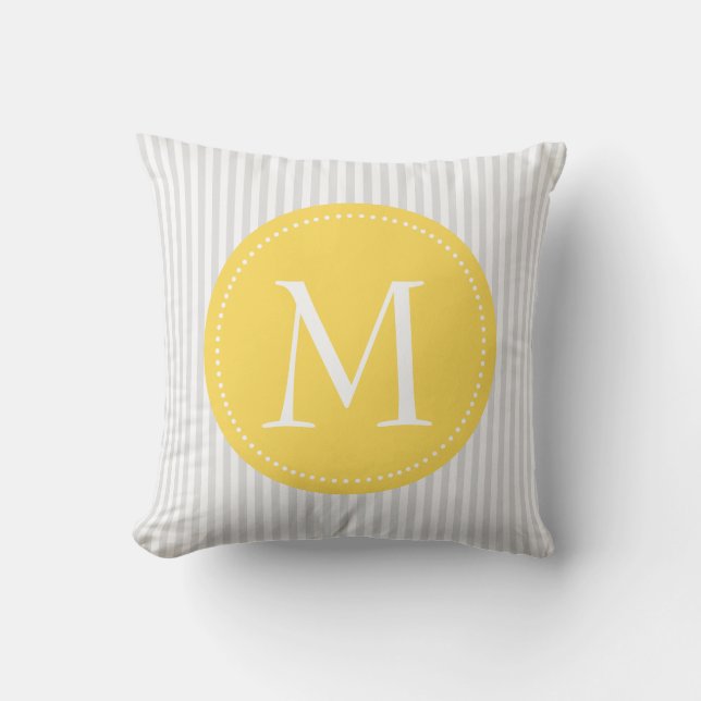 Grey And White Stripes Yellow  Custom Monogram Throw Pillow (Front)
