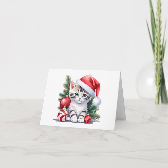 Grey and White Tabby Santa Kitten BLANK  Holiday Card (Front)