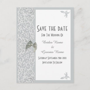Grey and white traditional lace save the date announcement postcard