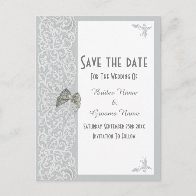 Grey and white traditional lace save the date announcement postcard (Front)