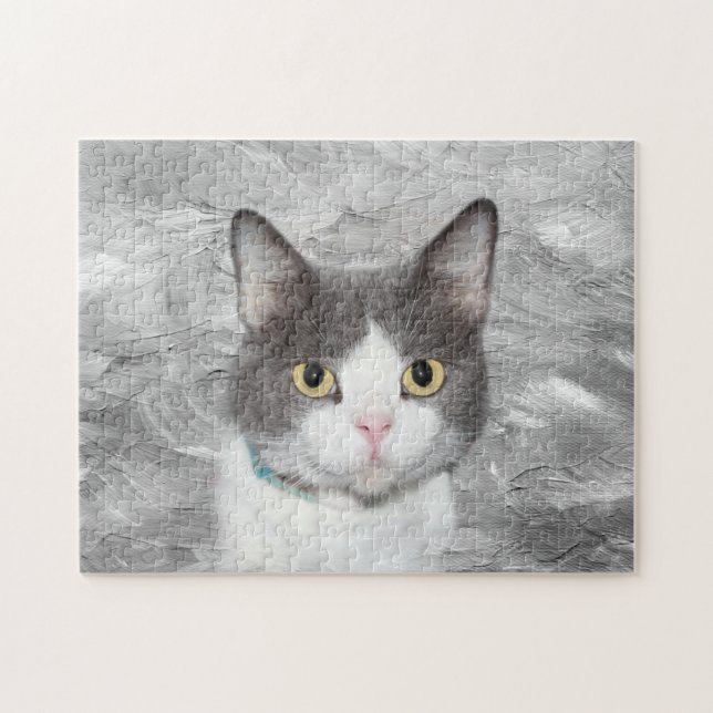 Grey and white tuxedo cat jigsaw puzzle (Horizontal)