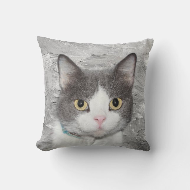 Grey and white tuxedo kitty throw pillow (Front)