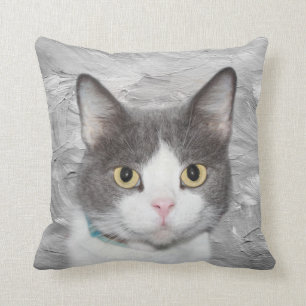 Grey and white tuxedo kitty throw pillow