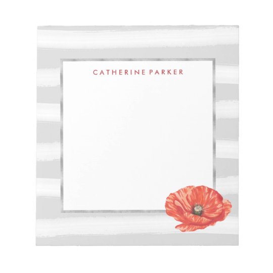 Grey and White Watercolor Stripes with Red Flower Notepad