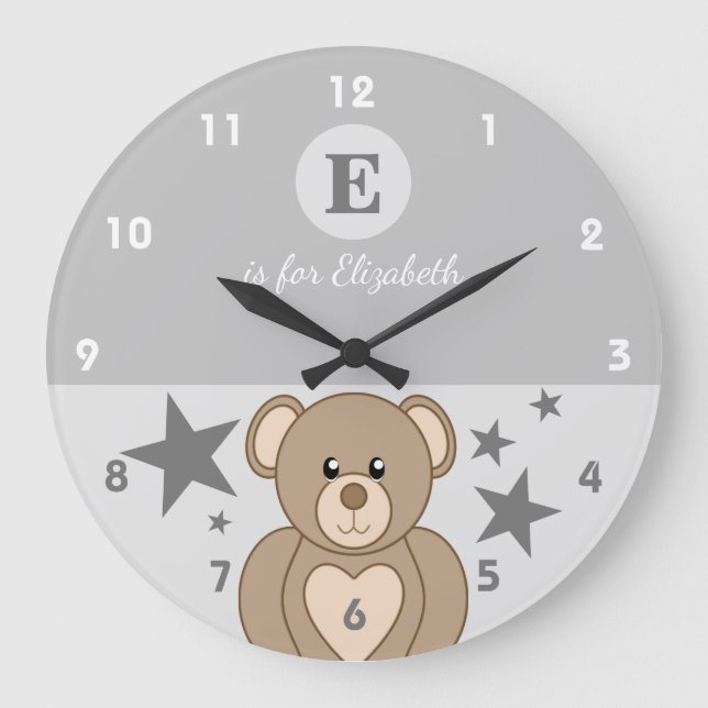 Grey and white with a cute teddy stars baby name large clock (Front)
