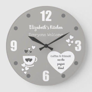 Grey and white with a name coffee cup and hearts large clock