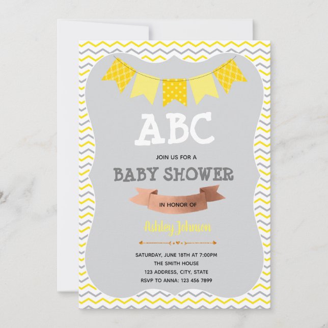 Grey and yellow ABC shower theme Invitation (Front)
