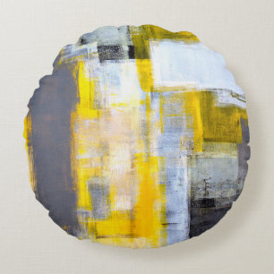 Grey and Yellow Abstract Art Paintingabstract,art, Round Pillow