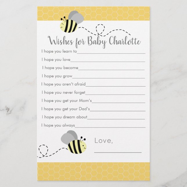 Grey and Yellow Bumble Bee Wishes for Baby (Front)