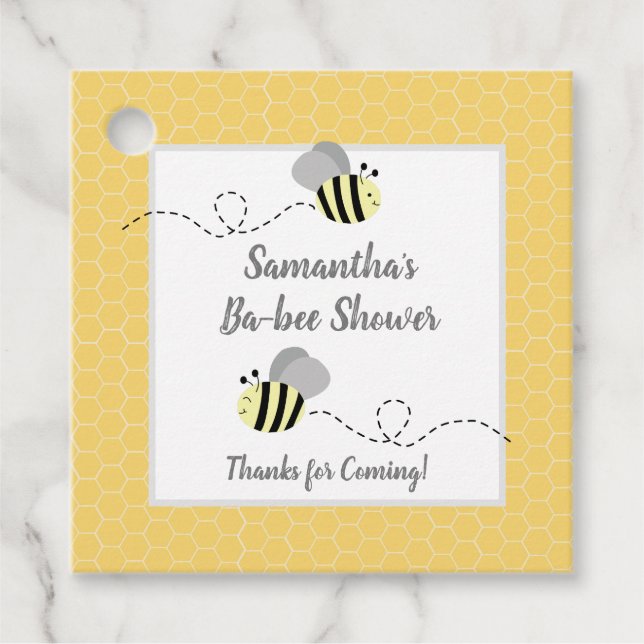 Grey and Yellow Bumble Bees Square Favour Tag (Front)