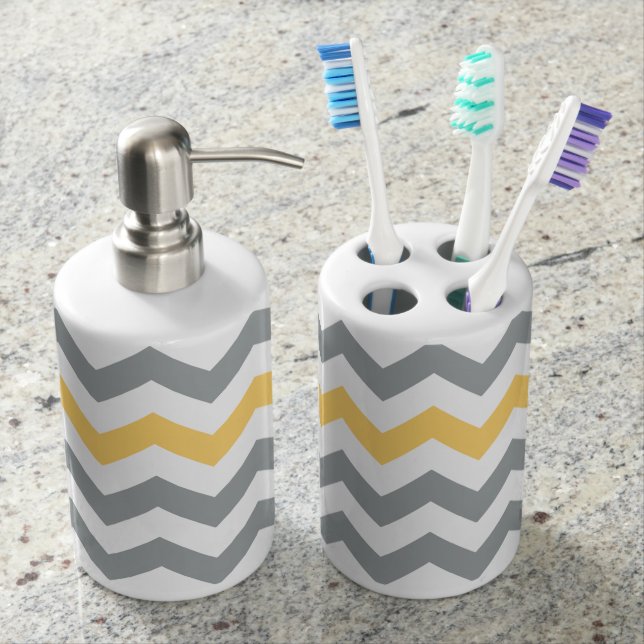 Grey and Yellow Chevron Bath Accessory Set (Front)