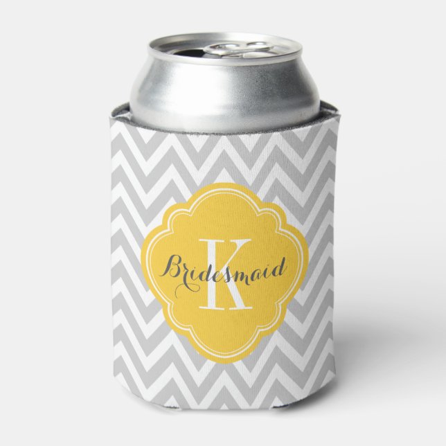 Grey and Yellow Chevron Monogram Can Cooler (Can Front)