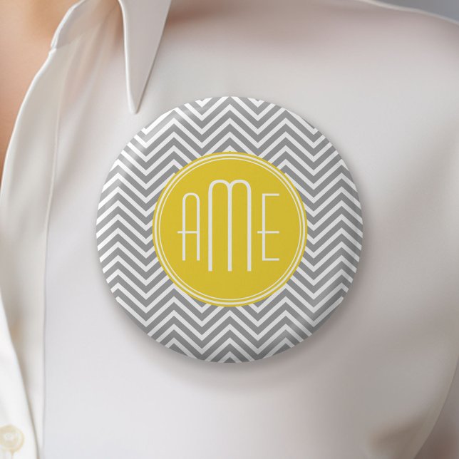 Grey and Yellow Chevrons Custom Monogram 2 Inch Round Button (Custom Button)