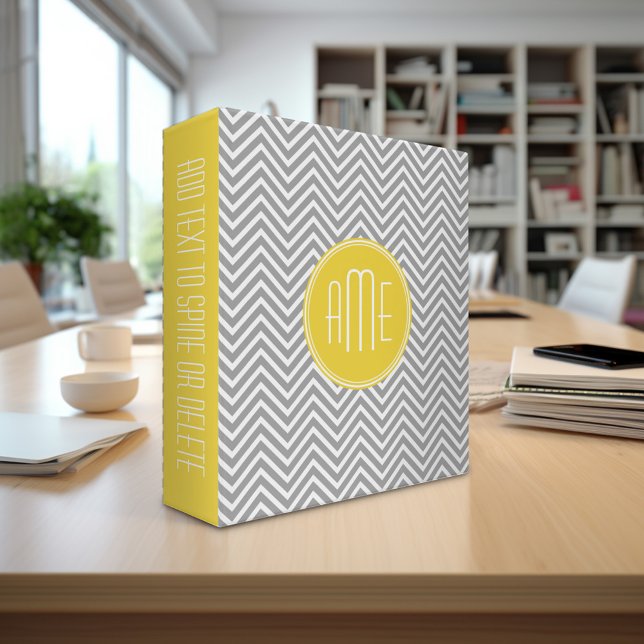 Grey and Yellow Chevrons Custom Monogram Binder (Personalized binder - add your monogram or other text)