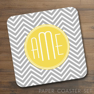 Grey and Yellow Chevrons Custom Monogram Square Paper Coaster