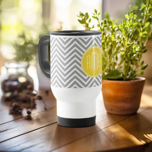 Grey and Yellow Chevrons Custom Monogram Travel Mug
