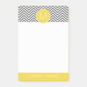 Grey and Yellow Chevrons with Custom Monogram Post-it Notes