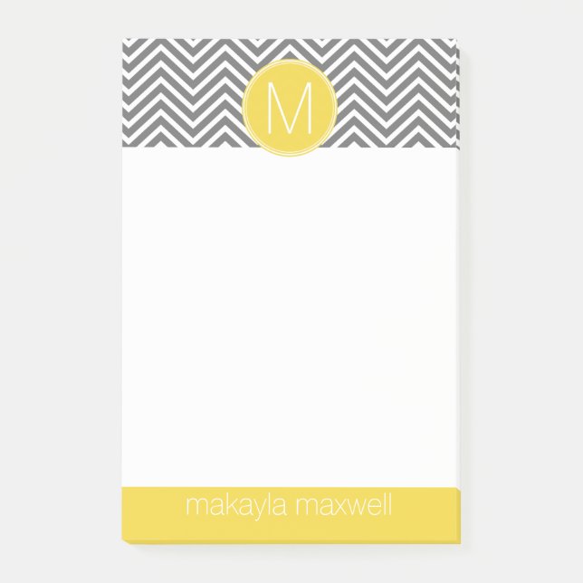 Grey and Yellow Chevrons with Custom Monogram Post-it Notes (Front)