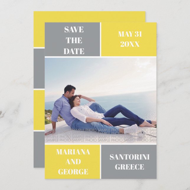 Grey and yellow colour block wedding Save the Date (Front/Back)