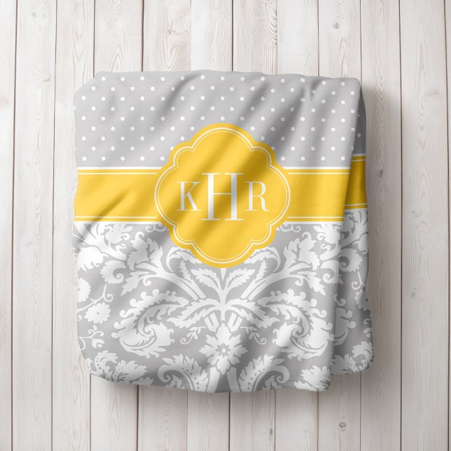 Grey and Yellow Damask Polka Dots Monogram Fleece Blanket (Creator Uploaded)
