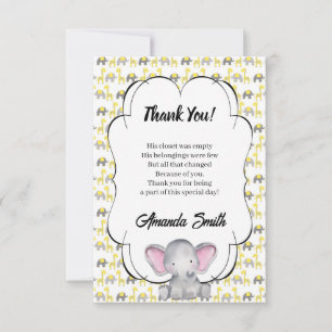 Grey and Yellow Elephant and Giraffe Baby Shower T Thank You Card