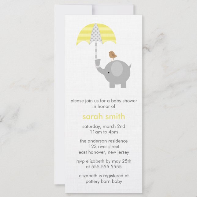 Grey and Yellow Elephant Baby Shower Invitation (Front)