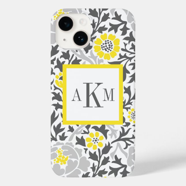 Grey and Yellow Floral Damask Custom Monogram Case-Mate iPhone Case (Back)