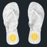 Grey and Yellow Floral Damask Monogram Flip Flops<br><div class="desc">Custom printed flip flop sandals with a stylish elegant floral damask pattern and your custom monogram or other text in a circle frame. Click Customize It to change text fonts and colours or add your own images to create a unique one of a kind design!</div>