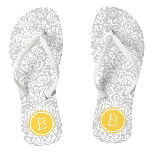 Grey and Yellow Floral Damask Monogram Flip Flops (Footbed)