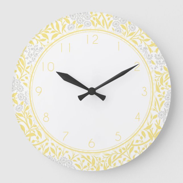 Grey and Yellow Floral Damask Pattern Large Clock (Front)