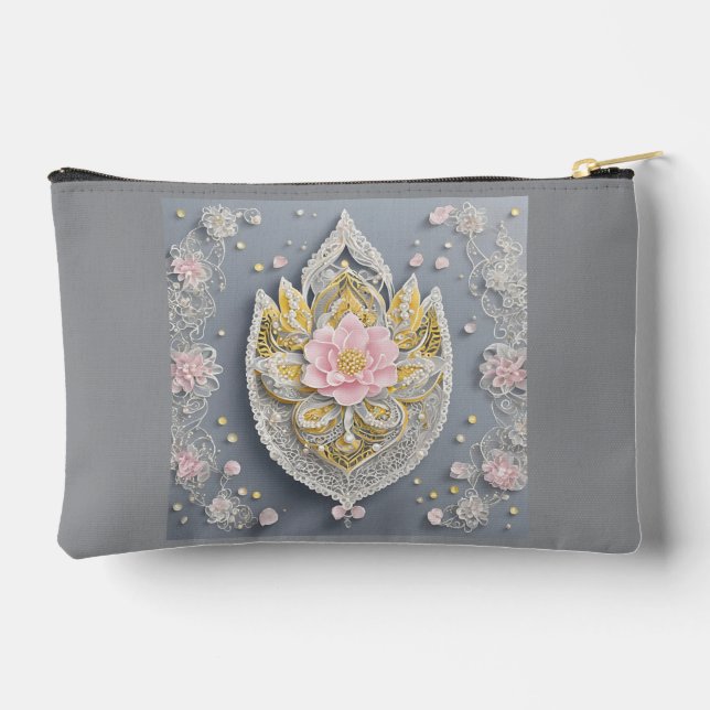 Grey and yellow floral patterns accessory pouch (Back)