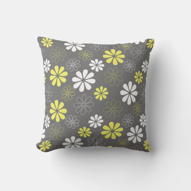 Grey and Yellow Flower Pattern Throw Pillow (Front)