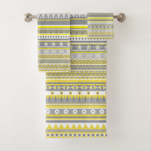 Grey and yellow geometric shapes, bath towel set