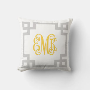 Grey and Yellow Greek Key Script Monogram Throw Pillow