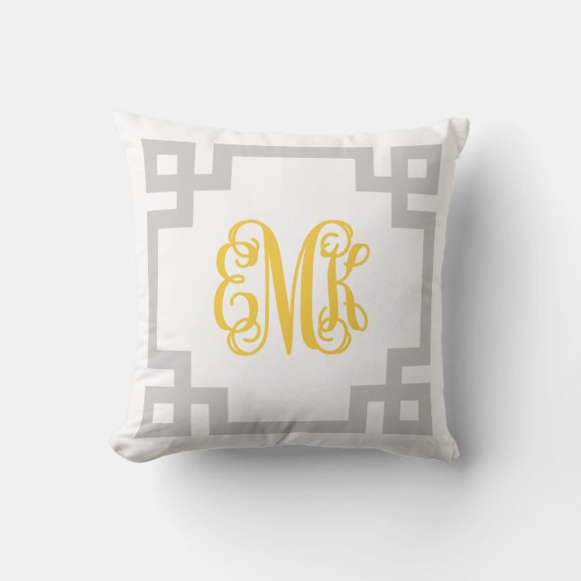 Grey and Yellow Greek Key Script Monogram Throw Pillow (Front)