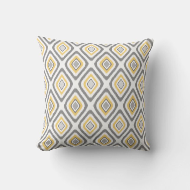 Grey and Yellow Ikat Diamond Pattern Throw Pillow (Front)
