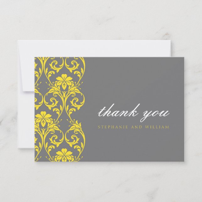 Grey and Yellow Lace Wedding Thank You Card (Front)